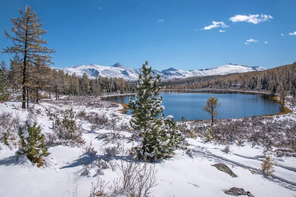 Fantastiskt Höstlandskap Med Vacker Sjö Snöiga Berg Skog Med Gran — Stockfoto