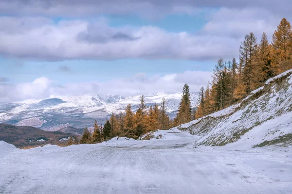 Vista Panorâmica Outono Com Estrada Terra Nevada Através Passo Larício — Fotografia de Stock