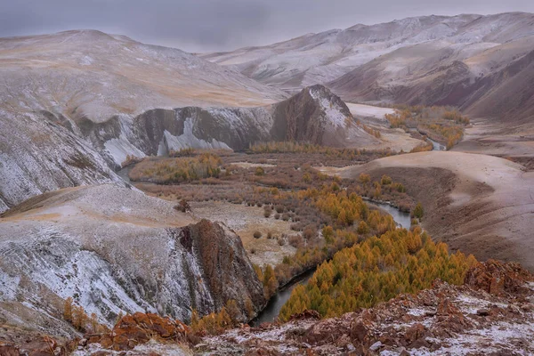 秋天的壮丽壮丽景色 五彩缤纷的群山映衬着红土 蜿蜒的小河和金黄的树木 映衬着乌云密布的天空 俄罗斯阿尔泰 — 图库照片