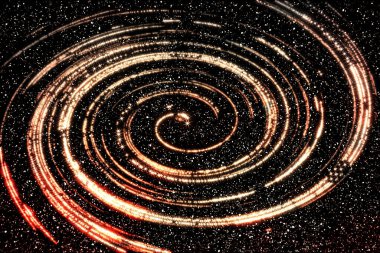 Derin uzayda siyah yıldızlı arka planda sarmal bir nebula şeklinde parlayan sarı kırmızı yıldızlı soyut uzay arkaplanı