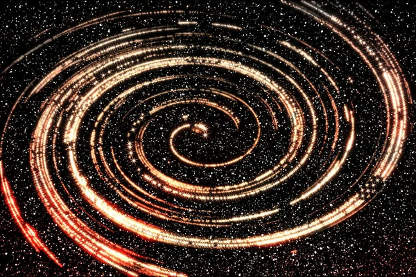 Derin uzayda siyah yıldızlı arka planda sarmal bir nebula şeklinde parlayan sarı kırmızı yıldızlı soyut uzay arkaplanı