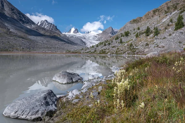 Fantastiskt Sommarlandskap Med Vacker Glaciär Berg Sjö Reflektioner Och Vita — Stockfoto