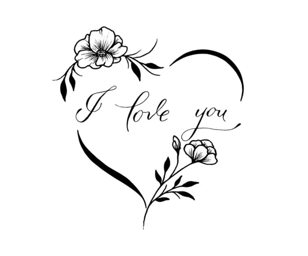 Simple Love You Blumenherz Handgeschriebene Moderne Kalligraphie Und Einfache Florale — Stockfoto