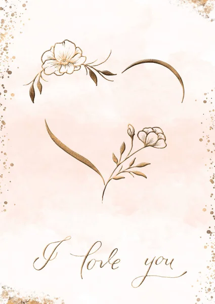 I love you card in gold style, simple gold floral heart on soft pink watercolor background and handwritten text great for Valentine\'s day, Mother\'s day or weddings