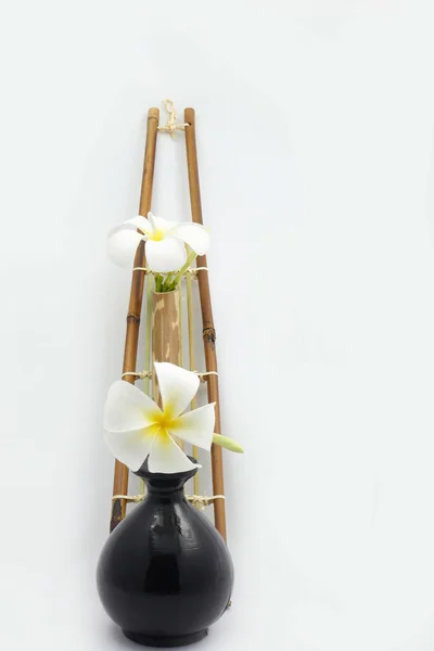 Hanging bamboo basket of flowers. — Stock fotografie