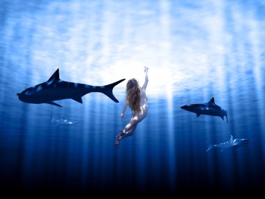Köpekbalıkları ve güneş ışınları Yüzme kadın
