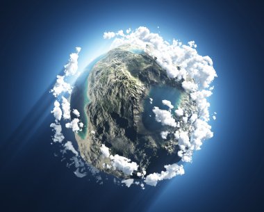 Small planet with oceans, mountains and clouds clipart