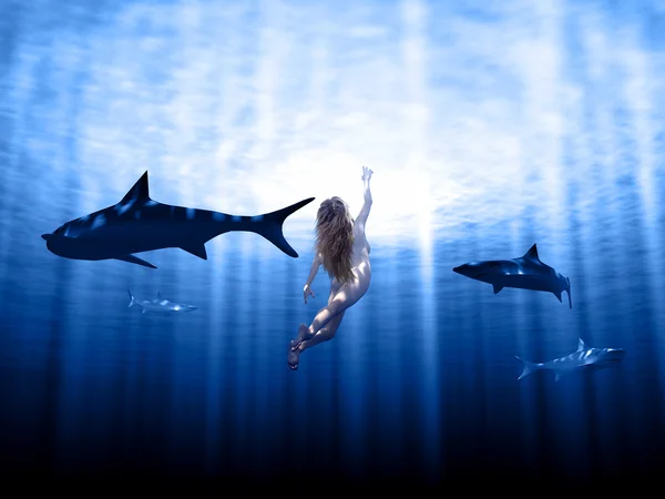 Sharks and woman swimming in rays with sun — Stock Photo, Image