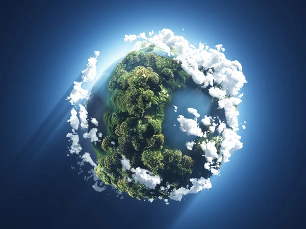 Small planet with oceans, trees and clouds — Stock Photo, Image
