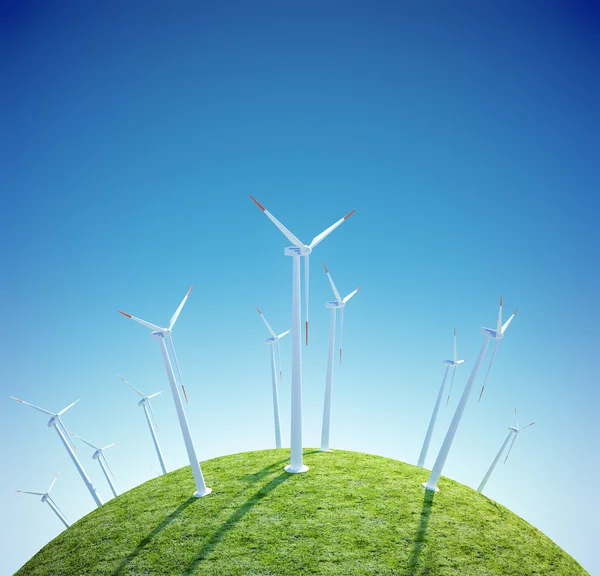 Tuuliturbiinien viljelylaitos pienellä vihreällä planeetalla — kuvapankkivalokuva