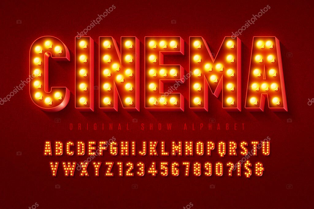 Retro cinema alphabet design, cabaret, LED lamps letters and numbers. Original design