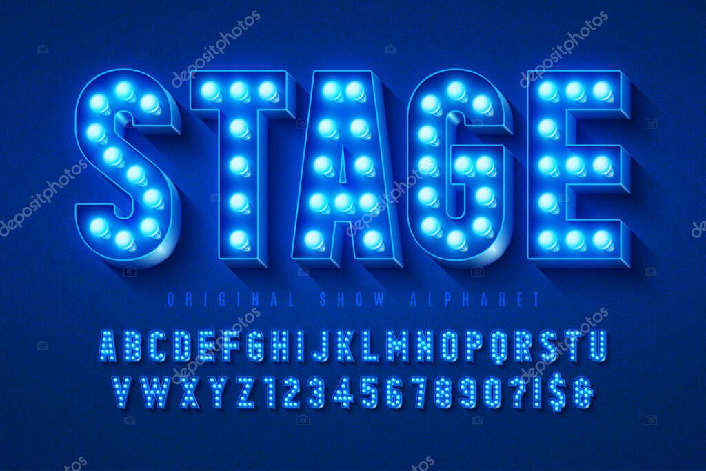 Retro cinema alphabet design, cabaret, LED lamps letters and numbers. Original design