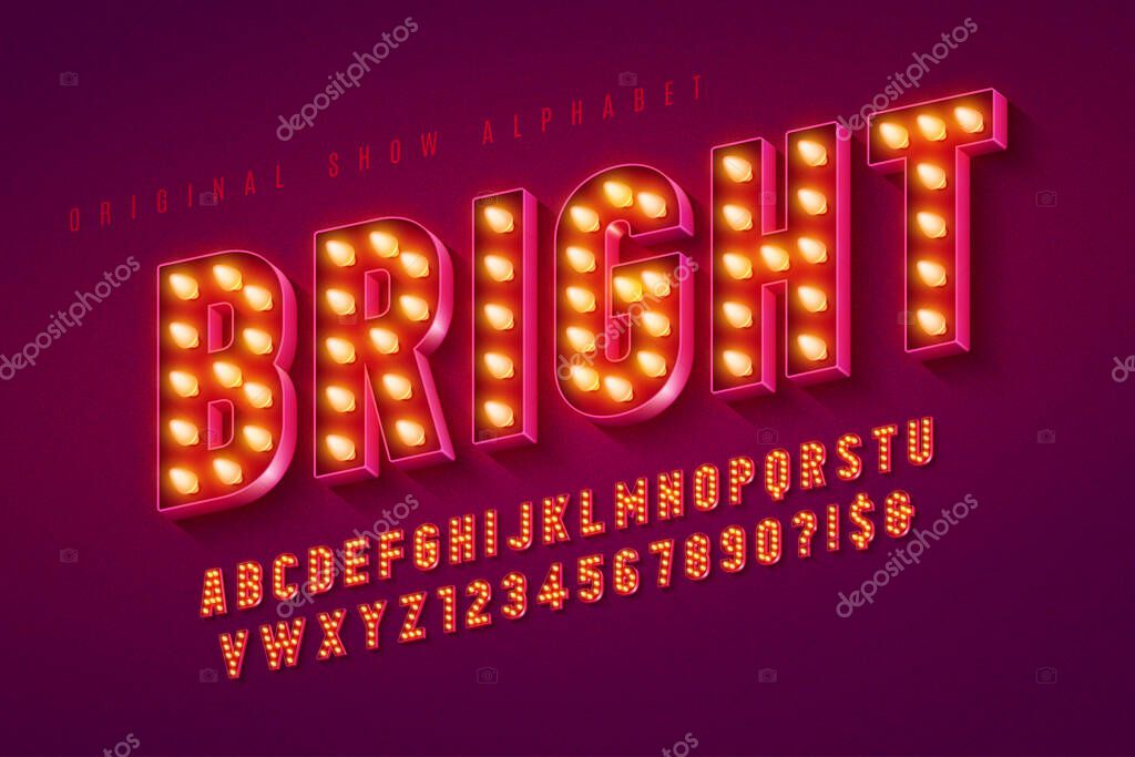 Retro cinema alphabet design, cabaret, LED lamps letters and numbers. Original design. 12 degree skew