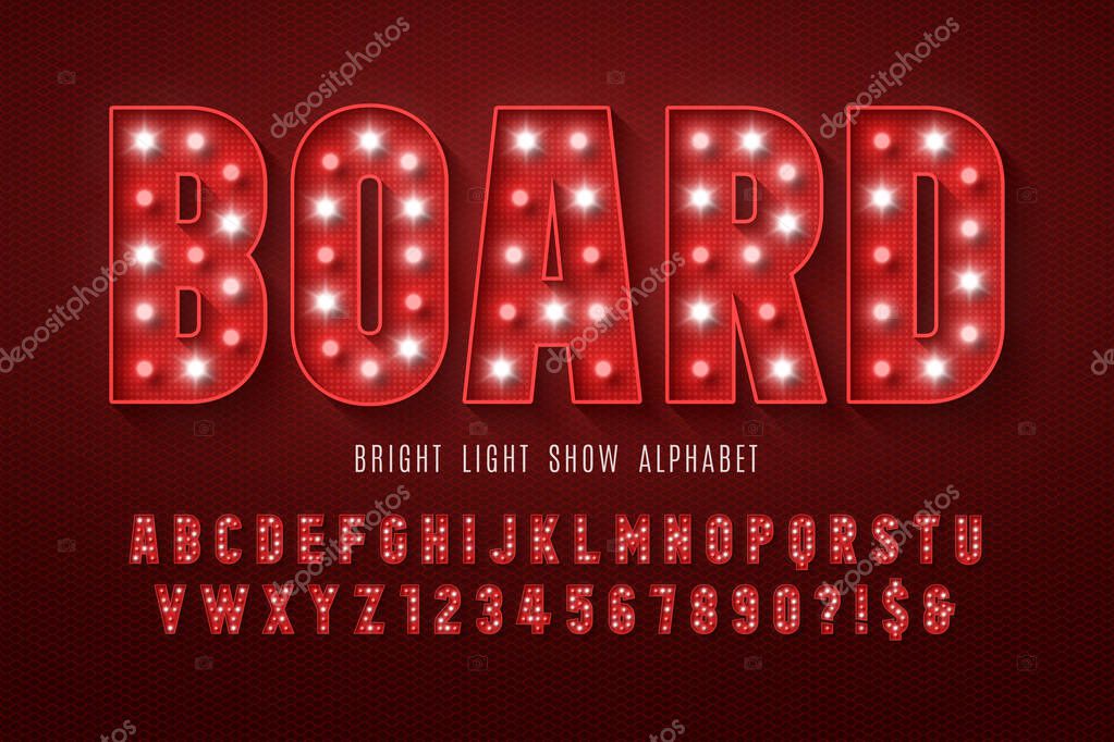 Retro cinema alphabet design, cabaret, LED lamps letters and numbers. Original design