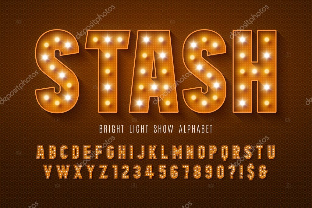Retro cinema alphabet design, cabaret, LED lamps letters and numbers. Original design