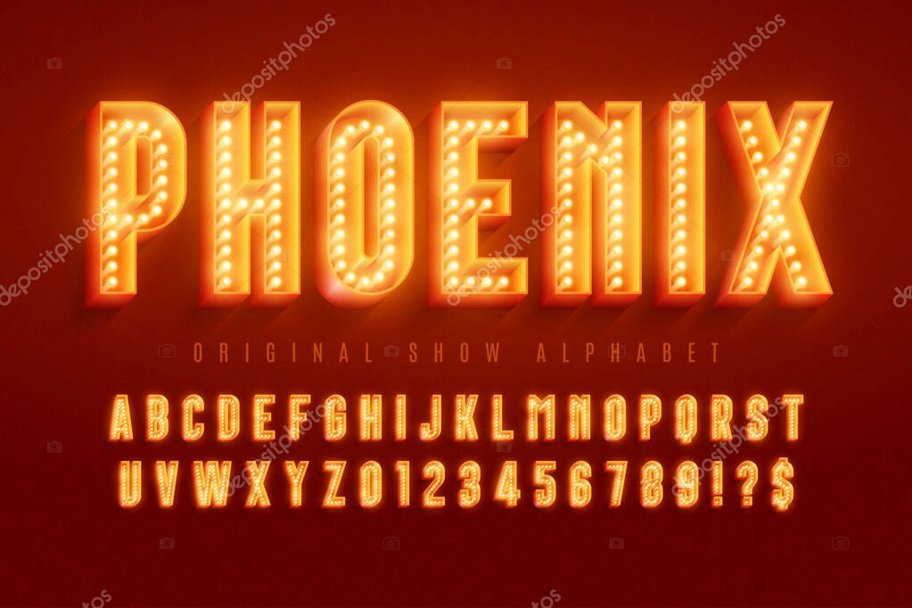 Retro show alphabet design, cabaret, LED lamps letters and numbers. Original design