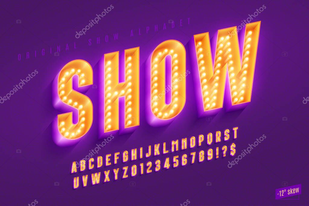 Retro show alphabet design, cabaret, LED lamps letters and numbers. Original design