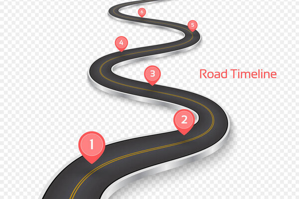 Winding 3D road concept on a transparent background. Timeline template.