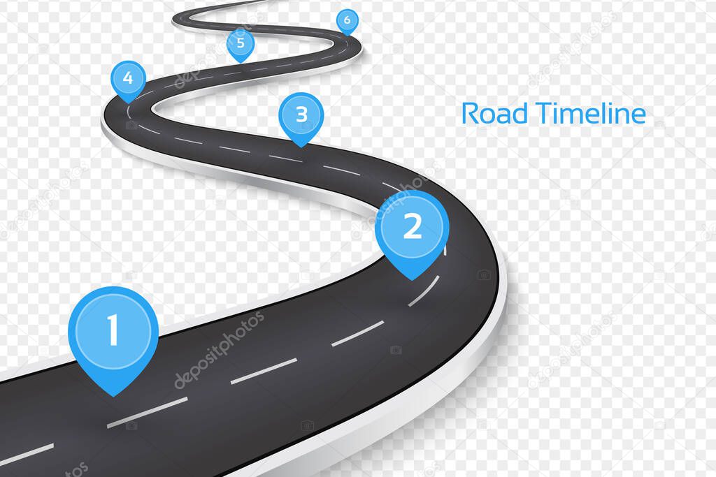 Winding 3D road concept on a transparent background. Timeline template.