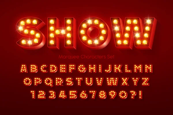 Zeigen Alphabet-Design, Festzelt, LED-Lampen Buchstaben und Zahlen. — Stockvektor
