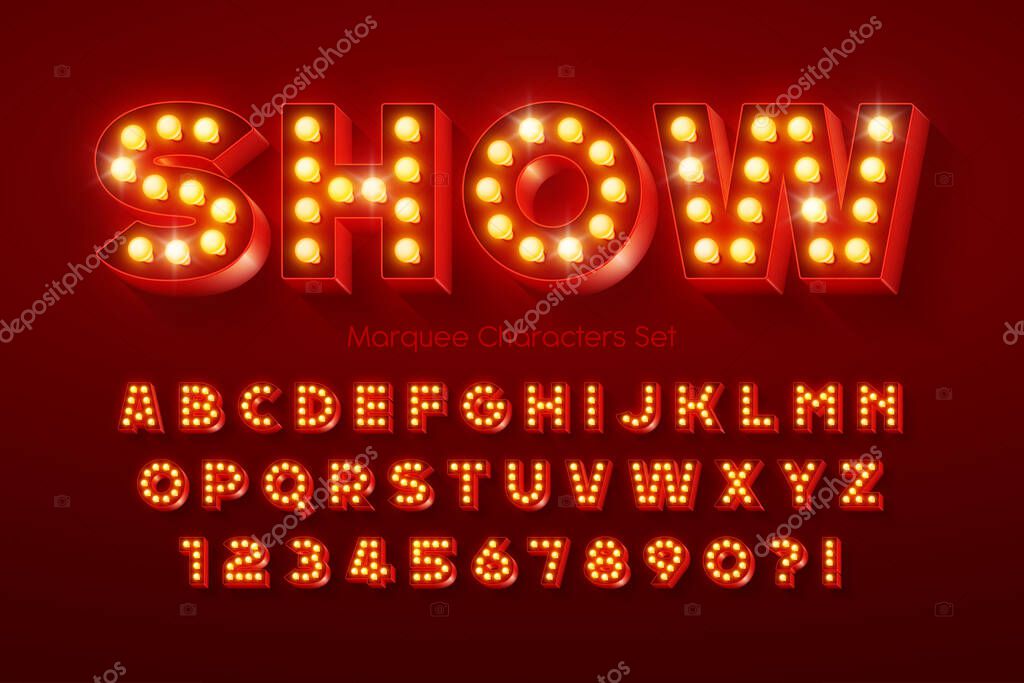 Show alphabet design, marquee, LED lamps letters and numbers. Swatch color control