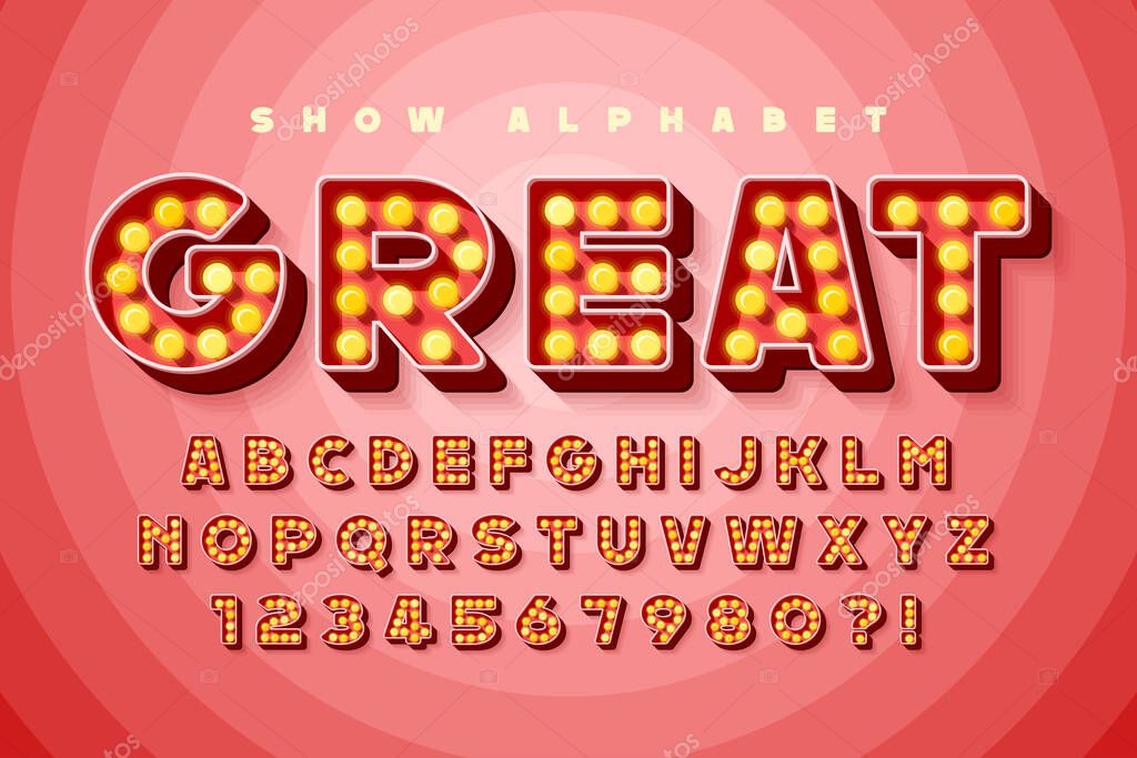 Show alphabet design, marquee, LED lamps letters and numbers. Swatch color control