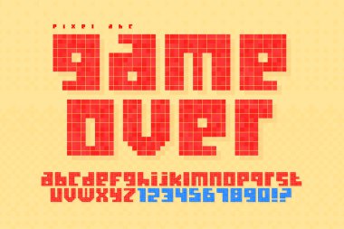 Piksel vektör alfabe dizaynı, 8- bit oyunlarındaki gibi stilize edilmiş. Yüksek kontrastlı ve keskin, geçmişe dönük. Renk kontrolü kolay. Etkiyi yeniden boyutlandır.