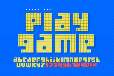 Piksel vektör alfabe dizaynı, 8- bit oyunlarındaki gibi stilize edilmiş. Yüksek kontrastlı ve keskin, geçmişe dönük. Renk kontrolü kolay. Etkiyi yeniden boyutlandır.