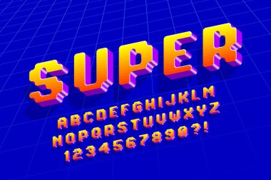 Pixel vector alphabet design, stylized like in 8-bit games. High contrast and sharp, retro-futuristic. Easy swatch color control.