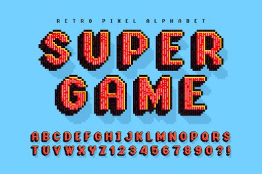 Pixel vector alphabet design, stylized like in 8-bit games. High contrast and sharp, retro-futuristic. Easy swatch color control.
