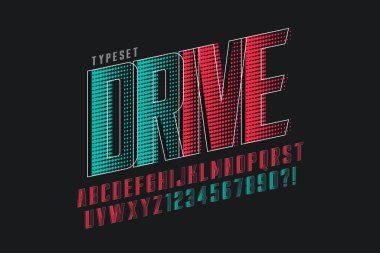 Yarış yazı tipi tasarımı, alfabe, yazı tipi, harfler ve sayılar. Renk kontrolü. 12 derece eğri