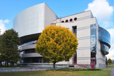 Modern bir ofis binasının arka planında yuvarlak sonbahar ağacı