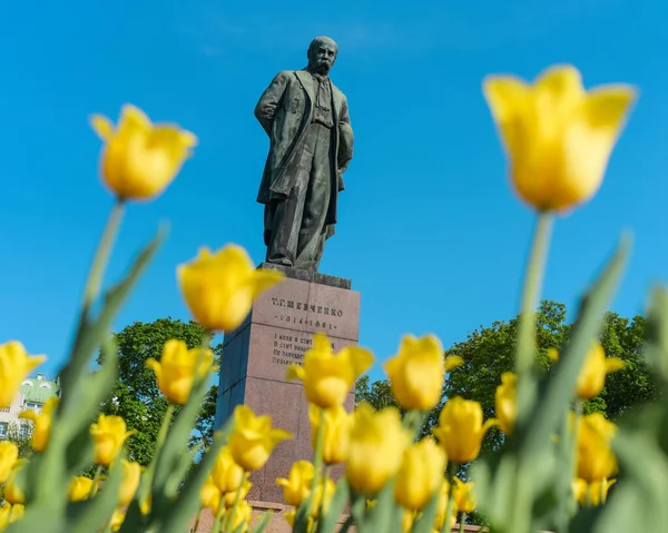 Monument Voor Taras Shevchenko Kiev Oekraïense Kleuren Gele Tulpen Blauwe — Stockfoto