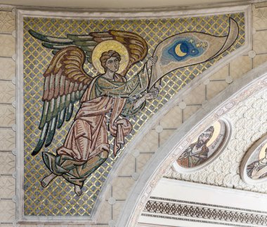Mosaic icon of a beautiful angel with open sky, moon and stars