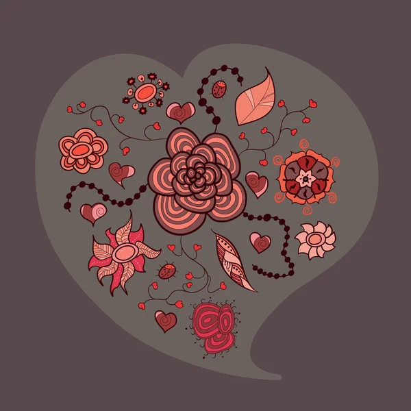 Corazón de flores hojas e insectos — Vector de stock