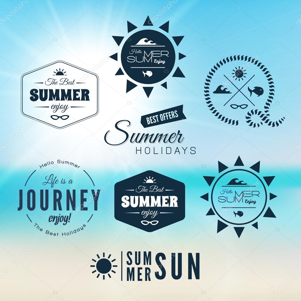 Vintage summer holidays typography design with labels, icons elements collection, vector background