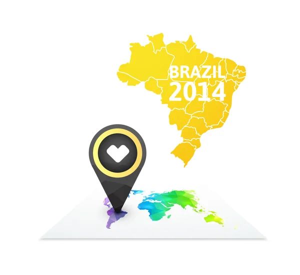 Mapa do mundo com um marcador no Brasil — Vetor de Stock