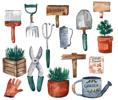 Bahçıvanlık araçları serisi suluboya çizimleri