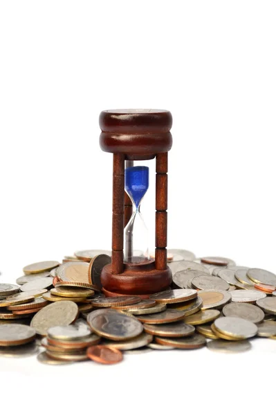 Time is money coins with sandwatch — Stock Photo, Image