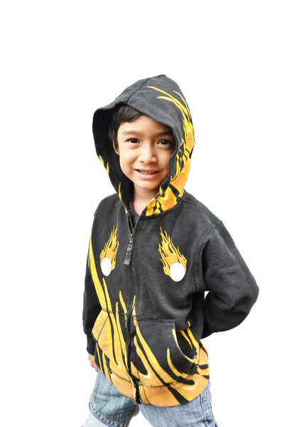 Malý chlapec portrét požární bunda na bílém pozadí — Stock fotografie