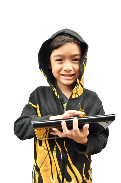 Retrato de niño pequeño con chaqueta de fuego de tableta sobre fondo blanco —  Fotos de Stock