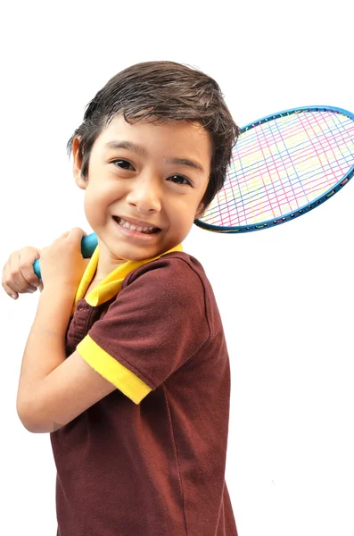 运动男孩打羽毛球在白色背景上 — 图库照片