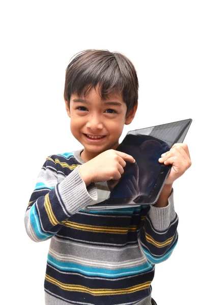 Menino feliz com tablet — Fotografia de Stock