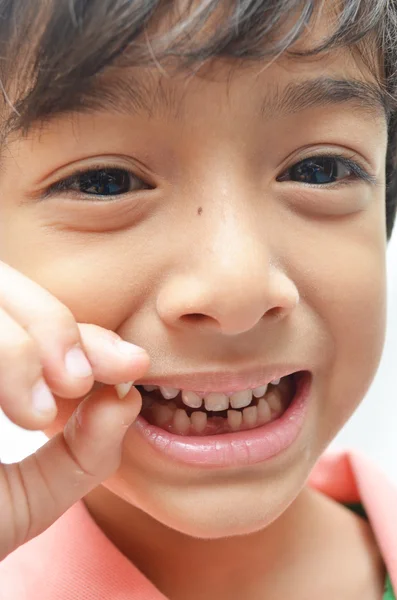 Finally first baby teeth out toothless boy smile close-up — Stock Photo, Image