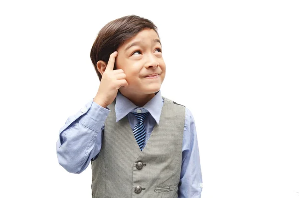 Thinking little boy on white background — Stock Photo, Image