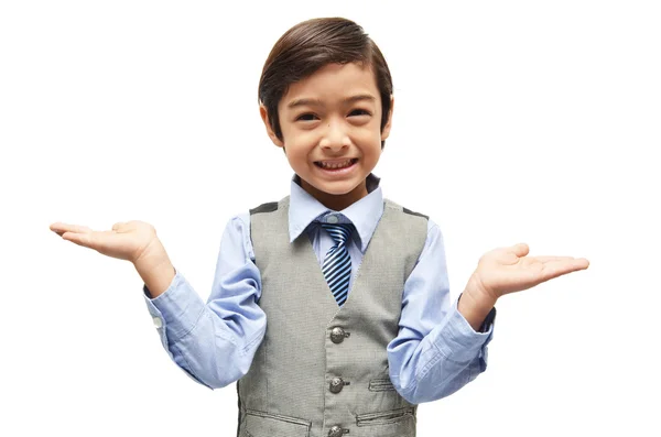 Littly boy showing empty 2 hands up on white background — Stock Photo, Image