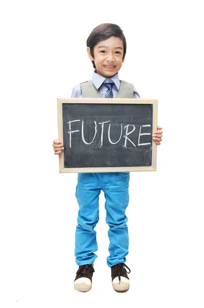 Little boy with hand holding word future chalkboard on white bac — Stock Photo, Image