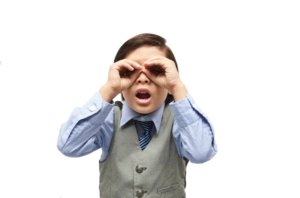 Little boy with hand on eyes explore surprise face on white back — Stock Photo, Image