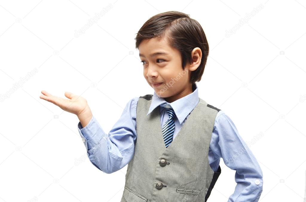 littly boy showing empty hand up on white background