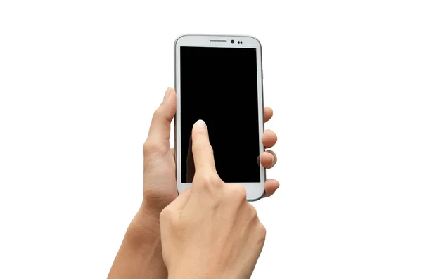Γυναίκα χέρι χρησιμοποιώντας την οθόνη αφής κινητό τηλέφωνο σε άσπρο φόντο — Φωτογραφία Αρχείου